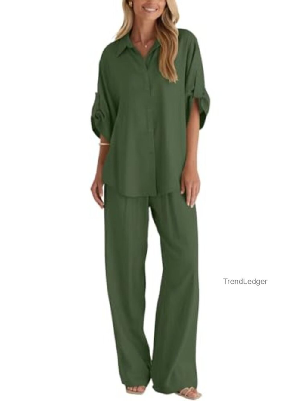 Women's 2 Piece Cotton Button Up Suit & Wide Leg Pant Set Business Casual